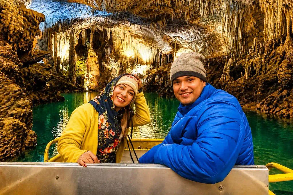 Boat on the underground river in Jeita Grotto's lower gallery, Lebanon