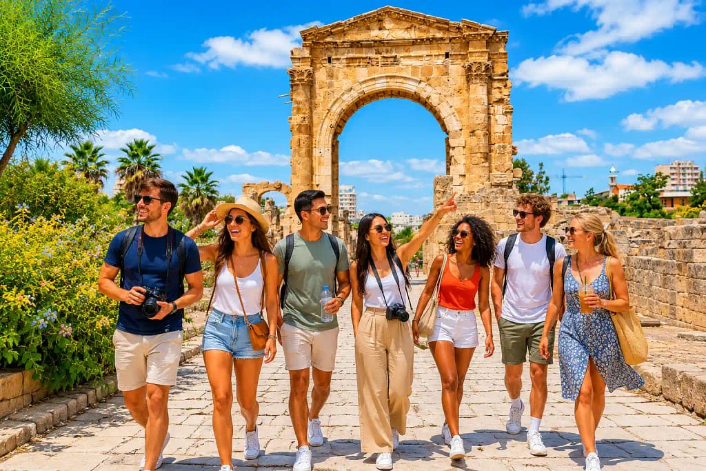 Small-group tour visitors at the Roman ruins of Tyre, Lebanon