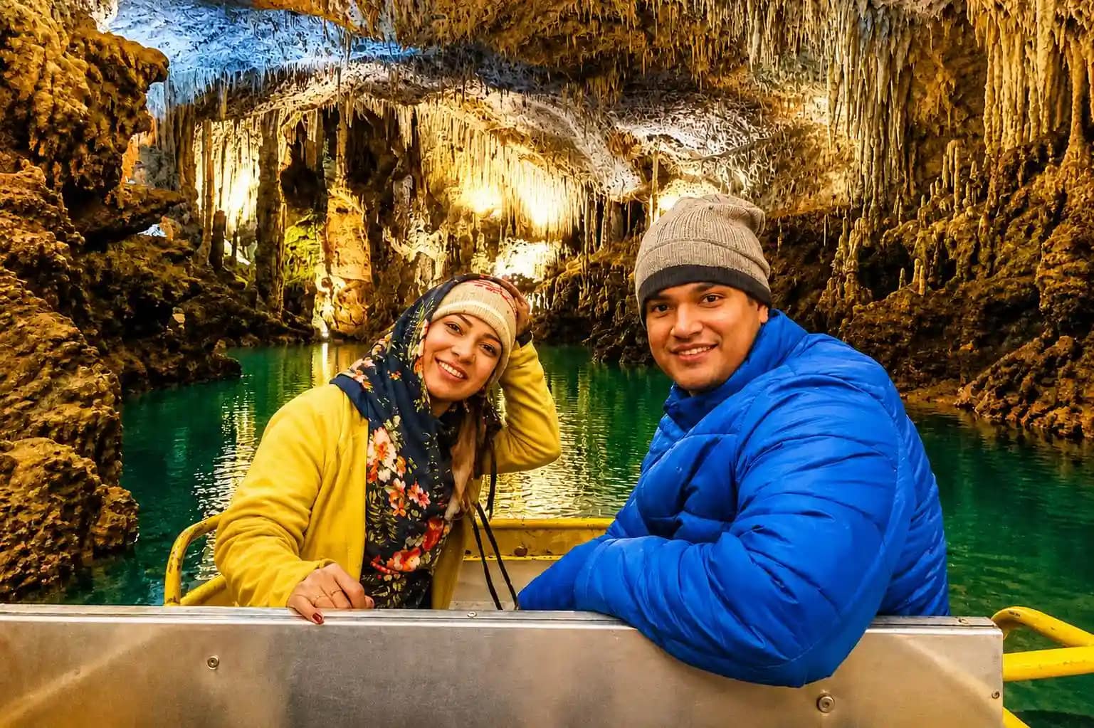 Boat on the underground river in Jeita Grotto's lower gallery, Lebanon